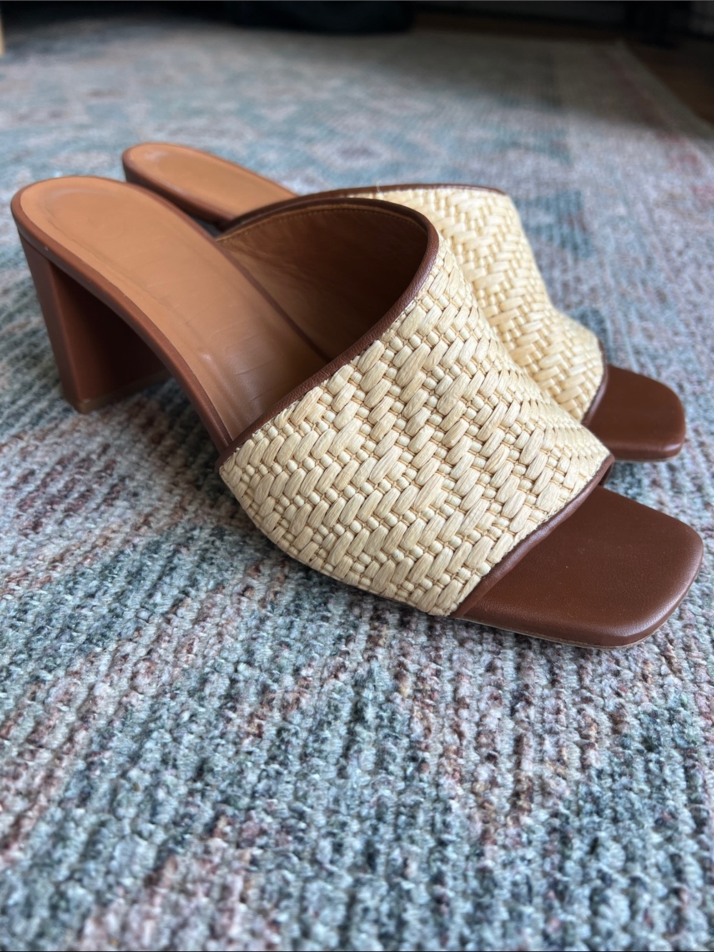 STAUD Brown Leather & Natural Woven Mule Heels